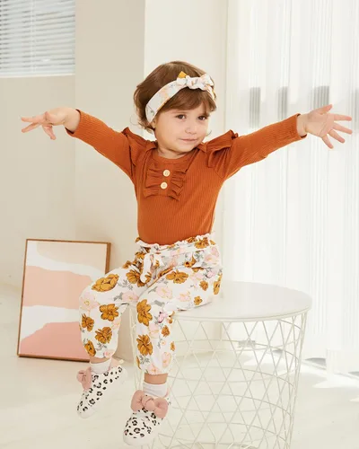 Vista 2 de Kislio Conjunto de ropa de bebé recién nacida con volantes y pantalones florales y diadema para bebé