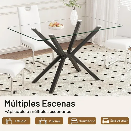 Vista 5 de Mesa de Comedor Moderna de Vidrio Templado Mesa de Cena, Mesa de Cocina Rectangular con Patas de Metal Resistentes, Diseño Minimalista