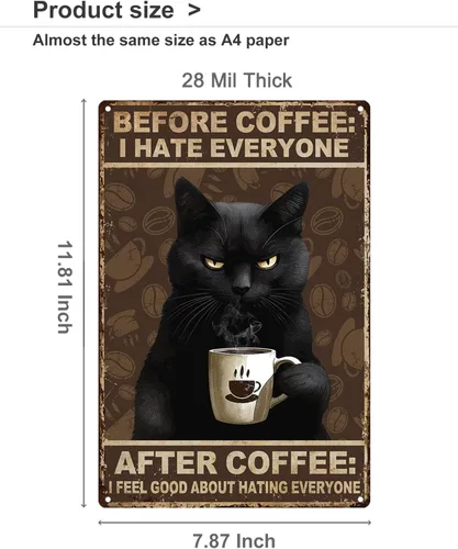 Vista 7 de ALKB - Letrero divertido de gato negro vintage, letrero de café con texto en inglés "Before Coffee I Hate Everyone", decoración de pared, 8 x 12