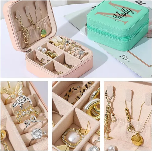 Vista 3 de Joyero personalizado con inicial y nombre, organizador de viaje para dama de honor, regalos de cumpleaños para mujeres (diseño inicial 02)
