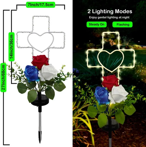 Vista 6 de Lmtocs Decoraciones solares para el Día de los Caídos, luces de cruz, decoraciones del 4 de julio, luces conmemorativas al aire libre, decoraciones