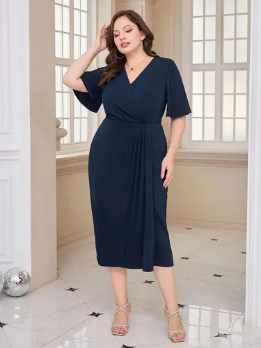 Vista 4 de Hanna Nikole Vestido midi de manga corta con cuello en V para mujer, talla grande, para invitadas de boda, cóctel, fiesta, eventos de negocios