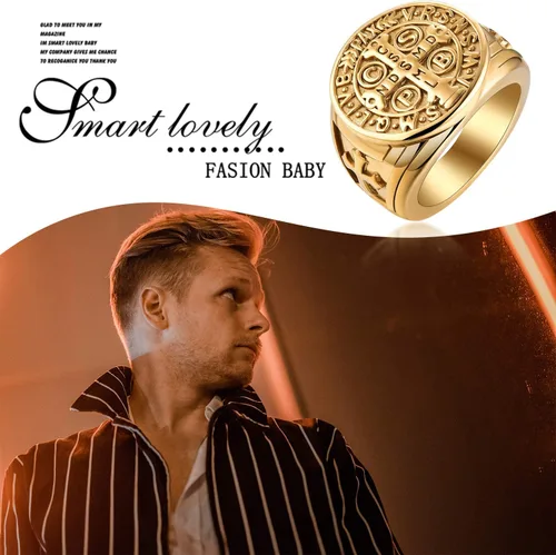 Vista 2 de Anillo de exorcismo de San Benito para hombre, acero inoxidable, cruz católica, oro y cazador de fantasmas, talla 8-13, con caja de regalo