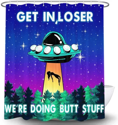 Vista 12 de MERCHR Funny UFO Shower Curtain for Bathroom, Unique Fun Alien Blue Space Starry Sky Forest Fabric Shower Curtains Set, Weird Restroom Decor