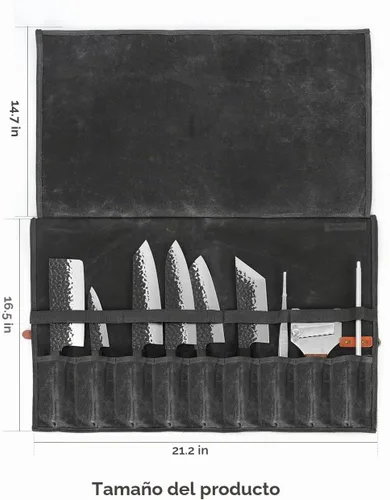 Vista 5 de Manjushri Bolsa enrollable para cuchillos de chef con 9 bolsillos de tela de lona y cinturón de cuero genuino. Negro