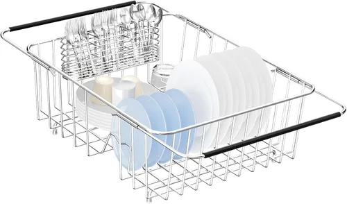 Vista 9 de Escurridor grande para platos en el fregadero expandible, ajustable de acero inoxidable 304, escurridor organizador de platos de metal con soporte