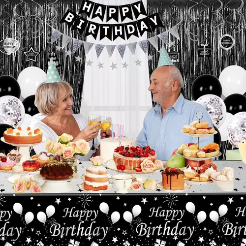 Vista 4 de Decoraciones de globos de cumpleaños negros y plateados para hombres y mujeres, decoraciones de feliz cumpleaños para niños y niñas, mantel