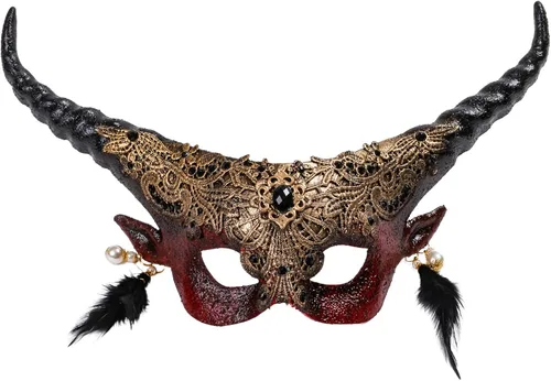 Vista 7 de Máscara de baile de graduación de Halloween, máscara de ojos retorcida de cuerno de diablo largo Krampus Cosplay máscara