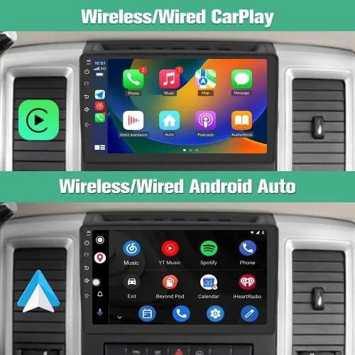 Vista 3 de Junsun Radio de coche estéreo Android 12 para Dodge Ram 1500 2500 2009-2012 Jeep Wrangler JK 2008-2018 con CarPlay Android Auto inalámbrico