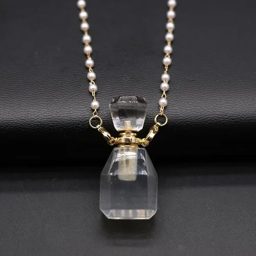 Vista 2 de Collar con colgante de botella de perfume de piedra natural, collar de cadena de cuarzo transparente blanco para mujer, joyería de boda
