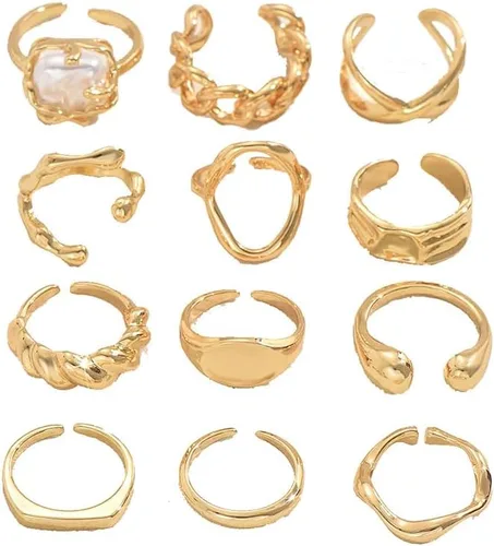 Vista 6 de Juego de anillos de nudillos apilables de oro grueso vintage, delicados, geométricos, cúpula, hippie, paquete de anillos abiertos para mujeres, punk