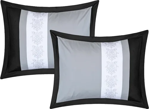 Vista 4 de Chic Home Danielle - Juego de edredón negro en una bolsa, tamaño King (24 piezas), ropa de cama bordada con bloques de color, edredón, sábanas