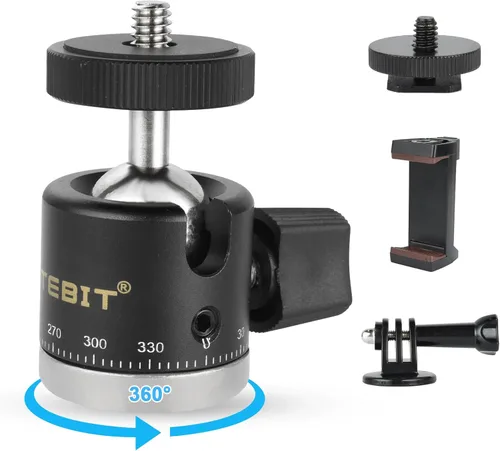 Vista 7 de UTEBIT Mini cabeza de bola, cabeza de trípode con zapata caliente de 1/4", adaptadores de montaje de cámara con cabeza de bola giratoria de 360°