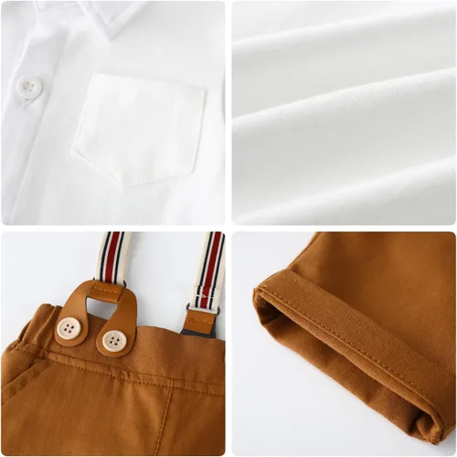 Vista 6 de SALNIER Conjunto de ropa de traje de bebé niño esmoquin trajes de caballero trajes de corbatín camisa tirantes pantalones boina sombrero