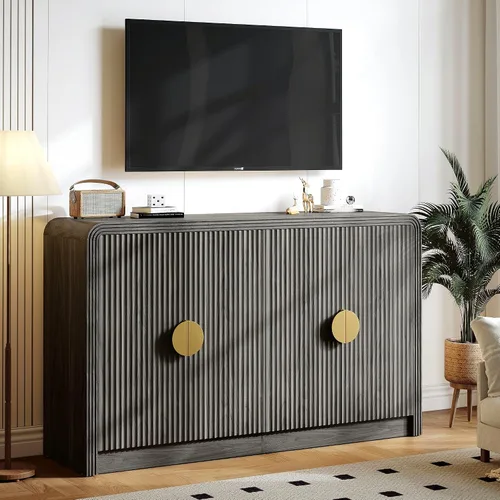 Vista 4 de Decofy Aparador buffet de 55 pulgadas, moderno gabinete de consola de mediados de siglo con estantes ajustables y puertas de grano ondulado