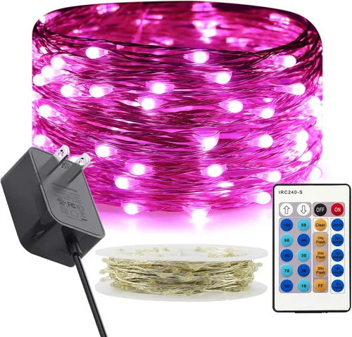 Vista 15 de RUICHEN Guirnalda de luces regulables enchufables de 33 pies, 100 luces LED de alambre plateado con control remoto, color naranja