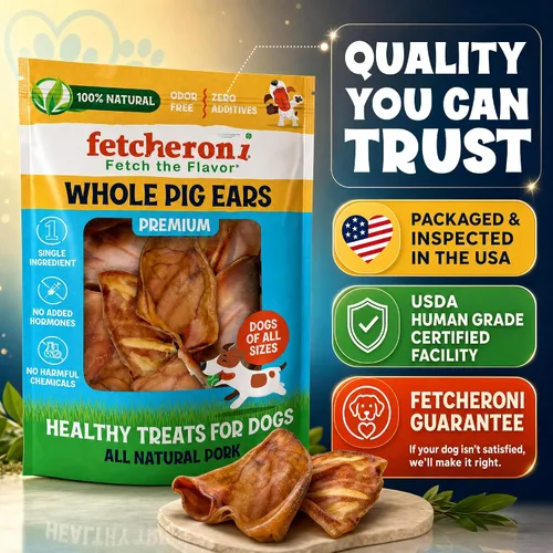 Vista 7 de FETCHERONI Orejas de cerdo enteras para masticables para perros, golosinas duraderas para perros, L, 30 unidades Larga duración, un ingrediente