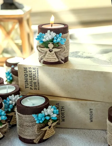 Vista 5 de Ju's Favors Juego de 10 portavelas de madera para recuerdos de bautismo para invitados, recuerdos de fiesta de baby shower (marrón oscuro - azul)