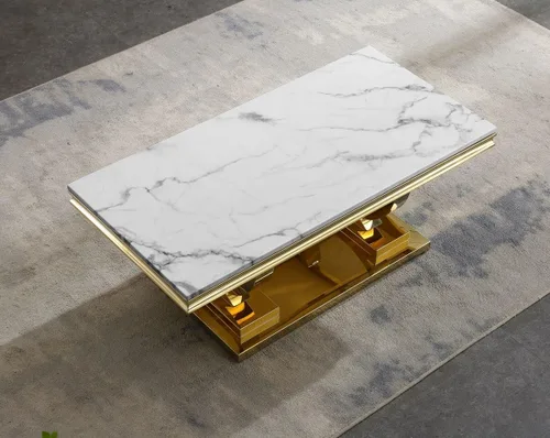 Vista 3 de Mesa de centro de mármol sintético de 47 pulgadas, moderna mesa de café blanca con mesa de mármol de 0.71 pulgadas de grosor y base de acero Blanco