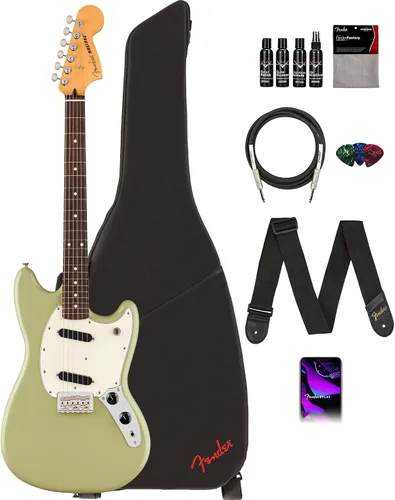 Vista 9 de Fender Player II Mustang - Paquete de 3 colores Sunburst con bolsa de concierto, correa, cable, paquete de 3 púas y kit de limpieza de guitarra