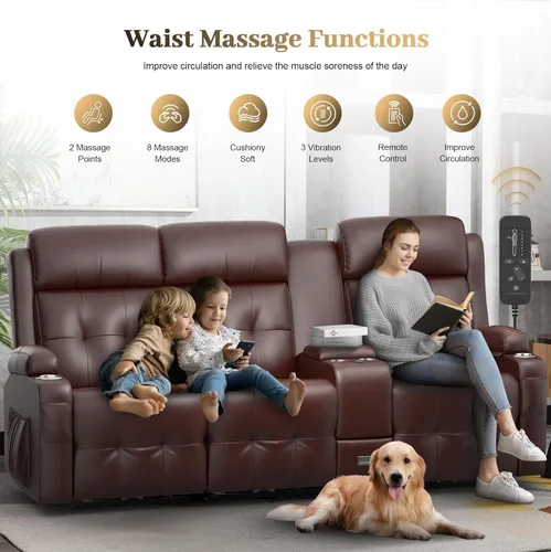 Vista 4 de Sofá reclinable, sofá reclinable con masaje de 3 plazas con gran capacidad de peso, sofá de dos plazas para RV con espacio libre con consola, USB