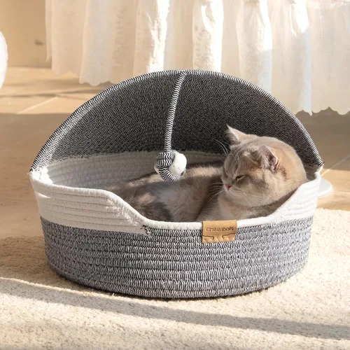 Vista 2 de CHEERPALS Cama para gatos con cojín lavable y cuerda de bola de algodón, cama cubierta para mascotas para gatos de interior, cama con capucha, cama