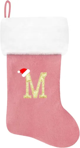 Vista 169 de Calcetines de Navidad bordados de 20 pulgadas con monograma, terciopelo negro con puño de felpa blanca supersuave, adornos clásicos para decoración