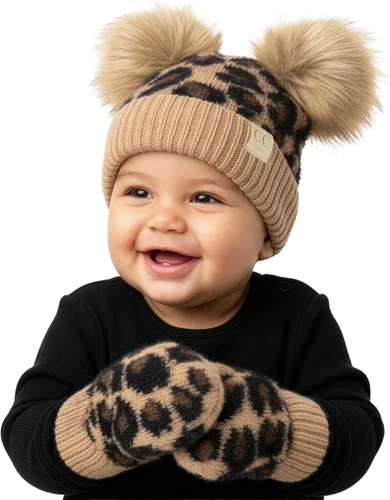 Vista 26 de Funky Junque Conjunto de gorro y mitones con doble pompón de pelo sintético para bebé – Gorro de invierno para recién nacidos de 0–9 meses