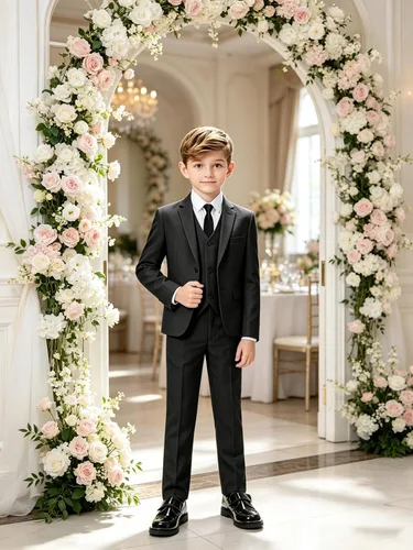 Vista 5 de Traje para niño, formal, ajustado, esmoquin, 5 piezas, traje de boda, blazer, pantalones, chaleco, trajes para niños