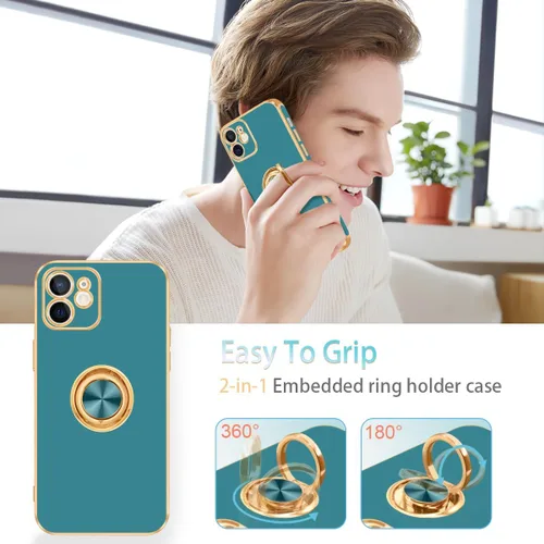 Vista 2 de Fingic Funda para iPhone 11, con soporte de anillo giratorio de 360°, soporte magnético [borde dorado chapado brillante], funda protectora delgada