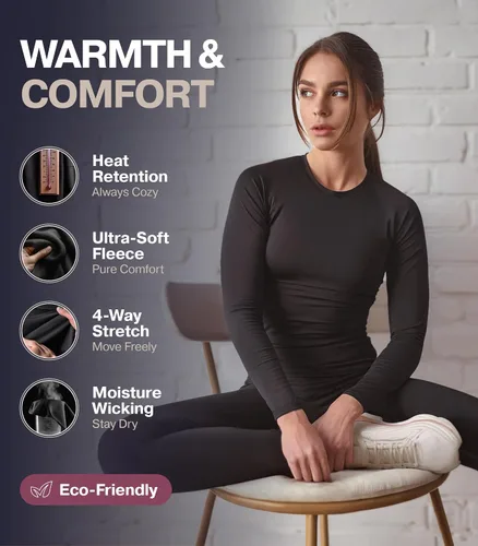 Vista 2 de Thermajane - Ropa interior larga térmica para mujer, conjunto de pijama con forro de vellón, ideal como capa base, para climas fríos