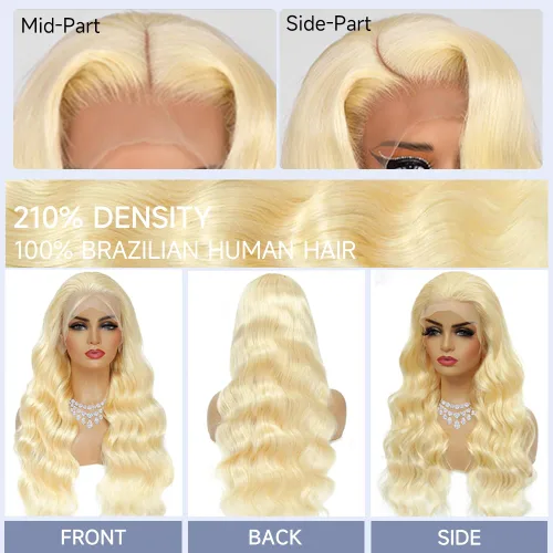 Vista 4 de Pelucas de cabello humano con encaje frontal 613 de 22 pulgadas, cabello humano prearrancado, rubio ondulado, encaje frontal, densidad 210, 613, 13