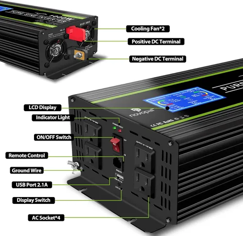 Vista 2 de Novopal Inversor de corriente de onda sinusoidal pura de 1000 W, convertidor de corriente de 12 V CC a 110 V/120 V CA, 4 salidas de CA, inversor