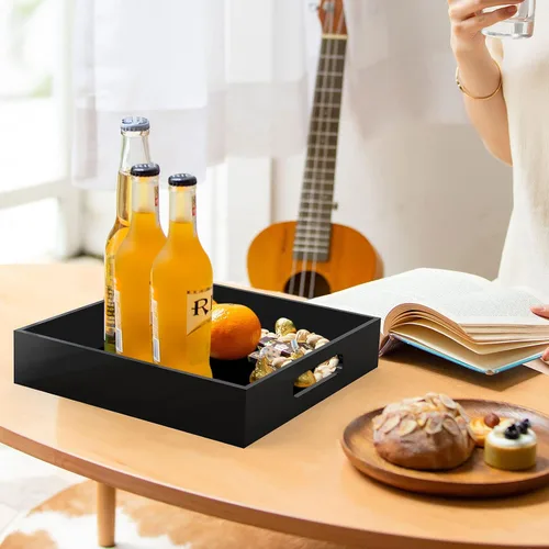 Vista 5 de Bandeja de acrílico para servir con asas, mesa auxiliar negra de 10 pulgadas, tocador Organizador decorativo elegante y duradero para comer