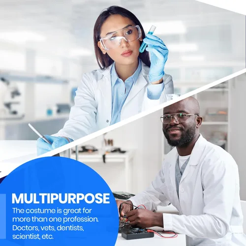Vista 4 de Dress Up America Abrigo de laboratorio Disfraz de médico blanco para adultos 34 de longitud abrigos de laboratorio ligeros para mujeres y hombres
