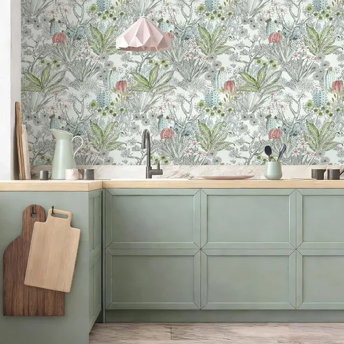 Vista 7 de Wudnaye Papel tapiz bohemio para despegar y pegar, papel tapiz Catus de 17.7 x 118.1 pulgadas, papel tapiz floral vintage para despegar y pegar
