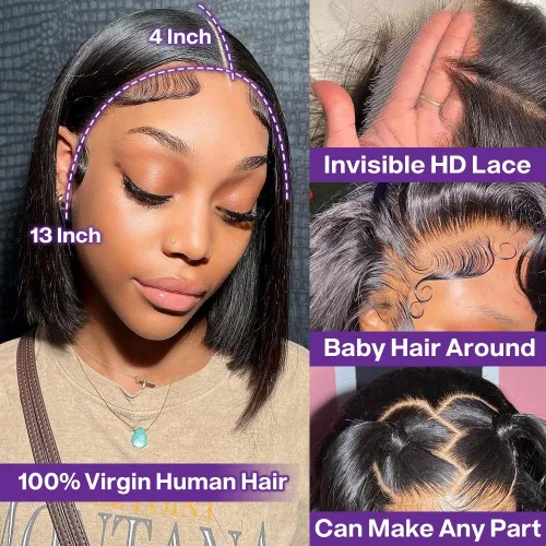 Vista 2 de Peluca Bob de pelo humano 13x4 encaje frontal HD estilo Bob corta y recta con parte lateral para mujeres negras, pelo humano prearrancado, sin De