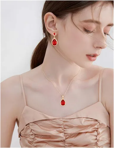 Vista 2 de Mycitta Juego de joyas de novia para boda, chapado en lágrima de 18 quilates, circonita cúbica, diamantes de imitación, juego de aretes para novia