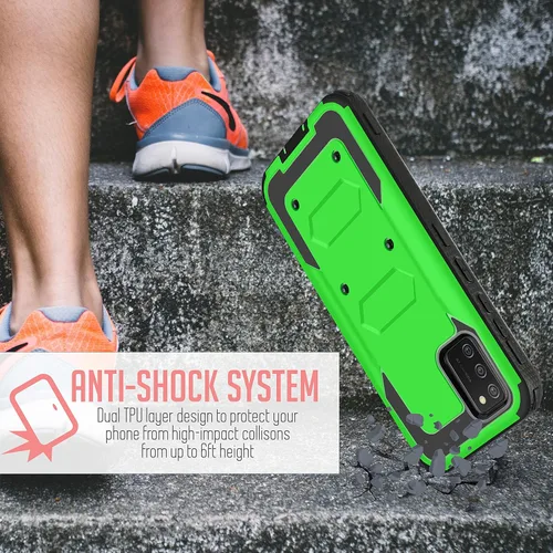 Vista 7 de Funda diseñada para Samsung Galaxy A02S, con protector de pantalla integrado, soporte giratorio con clip para cinturón, funda protectora de cuerpo