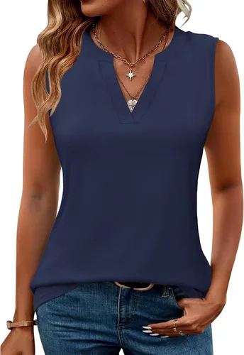Vista 25 de Romanstii Camisas sin mangas para mujer, estilo casual, de verano, cuello en V, blusas elegantes, túnica