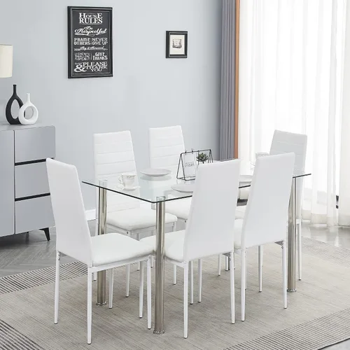 Vista 12 de Juego de mesa y silla de comedor de 7 piezas, juego de mesa de comedor para 6 mesas de cocina con 6 sillas, mesa rectangular de vidrio con 6 sillas