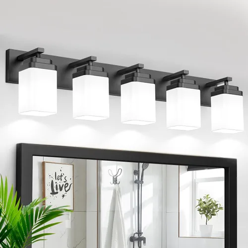 Vista 11 de Lámparas de baño de oro cepillado, 4 luces de baño sobre el espejo, diseño cuadrado y placa trasera grande rectangular, accesorios de iluminación