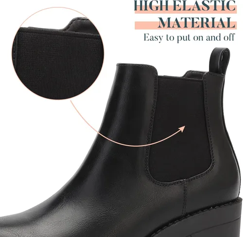 Vista 4 de EETTARO Botas de tobillo de tacón grueso para mujer, suela elástica, botas Chelsea con punta redonda para mujer