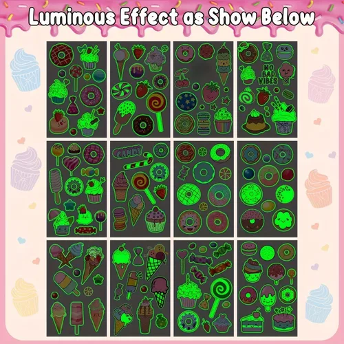 Vista 3 de 12 hojas de tatuajes temporales luminosos, 140 estilos, tatuajes falsos impermeables para niños y niñas, hombro de brazo, adhesivo para recuerdos