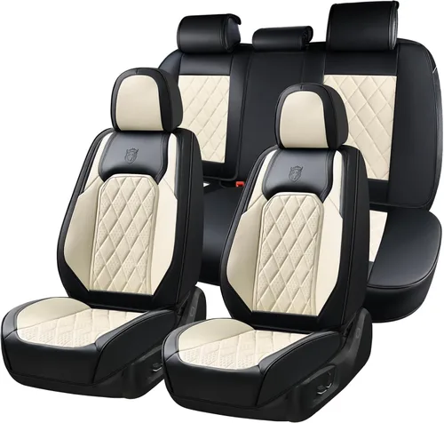Vista 23 de Coverado Fundas de Asientos Delanteros, Funda de Asiento de Cuero Sintético de Lujo Impermeable, Protector de Asiento de Coche Beige, Funda
