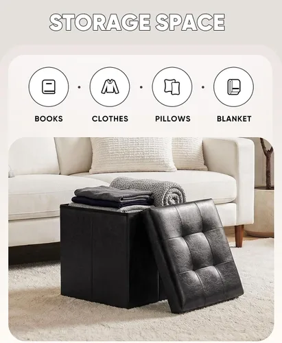 Vista 4 de B FSOBEIIALEO Cubo pequeño otomano de almacenamiento, reposapiés, asiento de piel sintética para dormitorio, color negro, 12.6 x 12.6 x 12.6