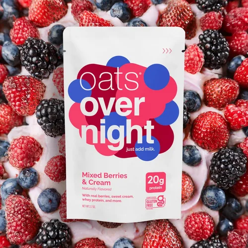 Vista 6 de Oats Overnight Mezcla de bayas y crema, avena durante la noche con 0.71 onzas de proteína, batido de proteína de desayuno alto en fibra, avena sin