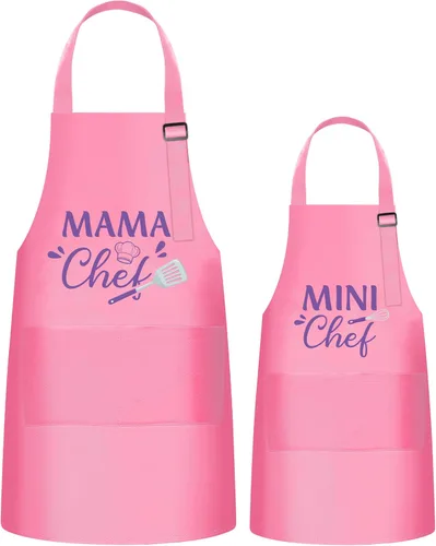 Vista 8 de Juego de 2 delantales para niños y adultos, regalo para madre e hijo, diseño de ayudante para hornear de mamá blanca, delantales de cocina
