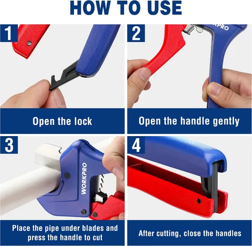 Vista 7 de WORKPRO Cortador de tubos de PVC con trinquete, hasta 1-5/8 pulgadas, cortador de tubos y tubos de plástico para mangueras de PEX, PVC, PPR