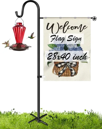 Vista 10 de Soporte para bandera de jardín con gancho de pastor para banderas de 14 x 20 pulgadas con 2 topes de resorte y 1 clip, soporte para banderas